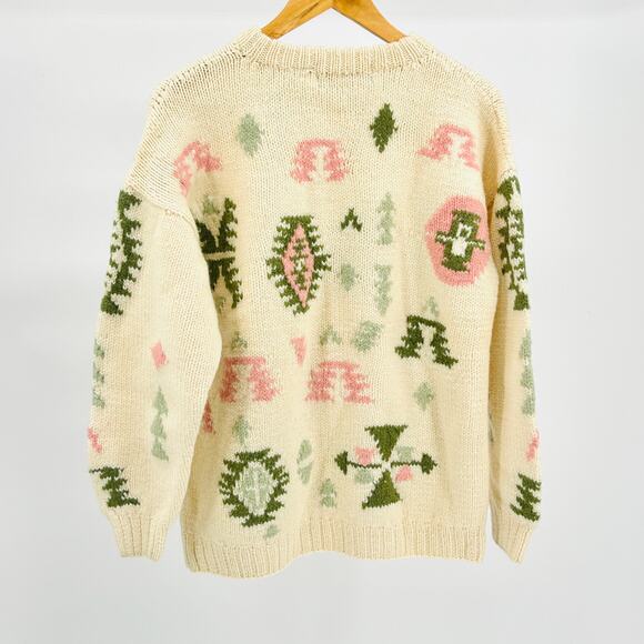 Vintage 80s Outback Red Cream Wool Heavy Knit Geometric Pastel Sweater - Picture 4 of 8